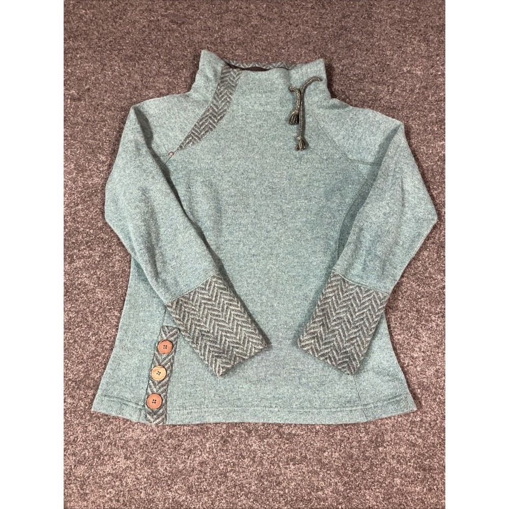 prAna Lucia Mock Neck Wool Sweater Button Green  Fleece S Gorpcore Cozy Cabin